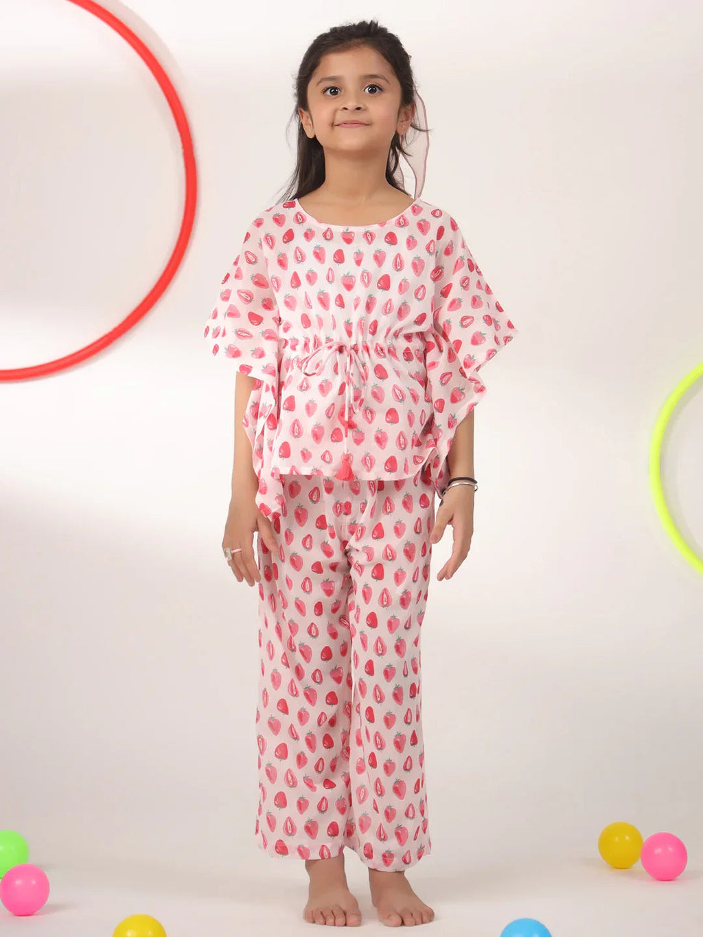 Pink Strawberry Printed Cotton Night Suit for Kids - SanskrutiHomes 