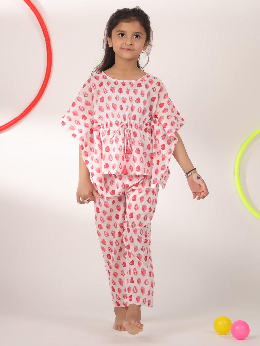 Pink Strawberry Printed Cotton Night Suit for Kids - SanskrutiHomes 