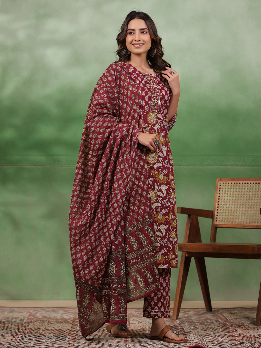 Women set of Pure Cotton 3 pcs Maroon Colour Straight Printed Kurta Sets - SanskrutiHomes 