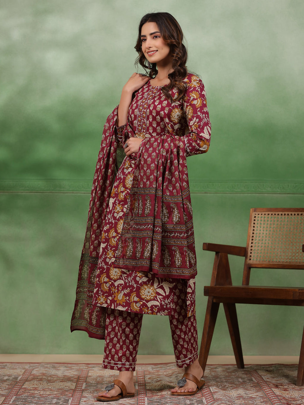 Women set of Pure Cotton 3 pcs Maroon Colour Straight Printed Kurta Sets - SanskrutiHomes 