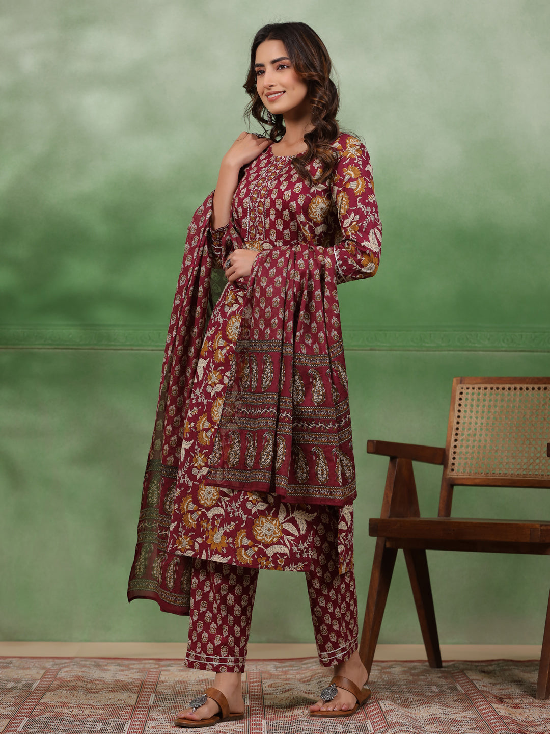 Women set of Pure Cotton 3 pcs Maroon Colour Straight Printed Kurta Sets - SanskrutiHomes 