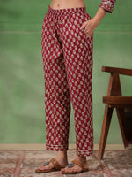 Women set of Pure Cotton 3 pcs Maroon Colour Straight Printed Kurta Sets - SanskrutiHomes 