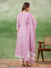 Purple Floral Printed Kurta Set with Dupatta - SanskrutiHomes 