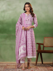 Purple Floral Printed Kurta Set with Dupatta - SanskrutiHomes 