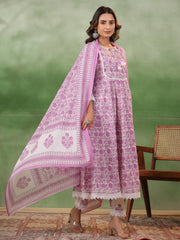 Purple Floral Printed Kurta Set with Dupatta - SanskrutiHomes 