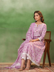 Purple Floral Printed Kurta Set with Dupatta - SanskrutiHomes 