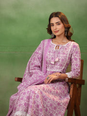 Purple Floral Printed Kurta Set with Dupatta - SanskrutiHomes 