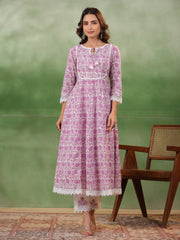 Purple Floral Printed Kurta Set with Dupatta - SanskrutiHomes 