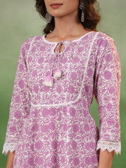 Purple Floral Printed Kurta Set with Dupatta - SanskrutiHomes 