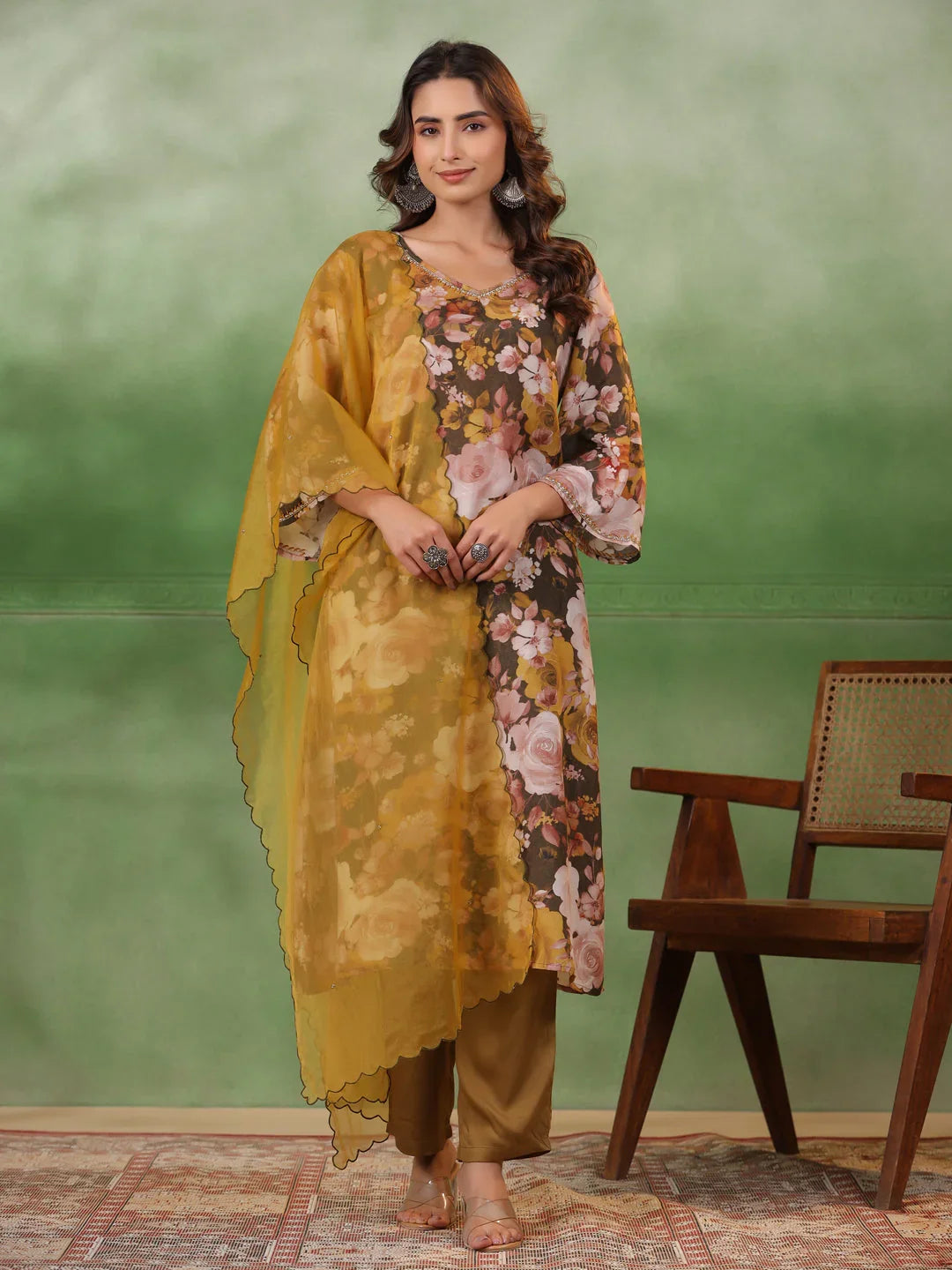 Olive V-Neck Silk Blend Kurta Set for Women - SanskrutiHomes 