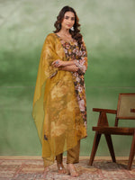 Olive V-Neck Silk Blend Kurta Set for Women - SanskrutiHomes 