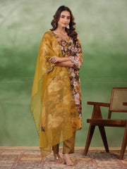Olive V-Neck Silk Blend Kurta Set for Women - SanskrutiHomes 