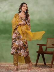 Olive V-Neck Silk Blend Kurta Set for Women - SanskrutiHomes 