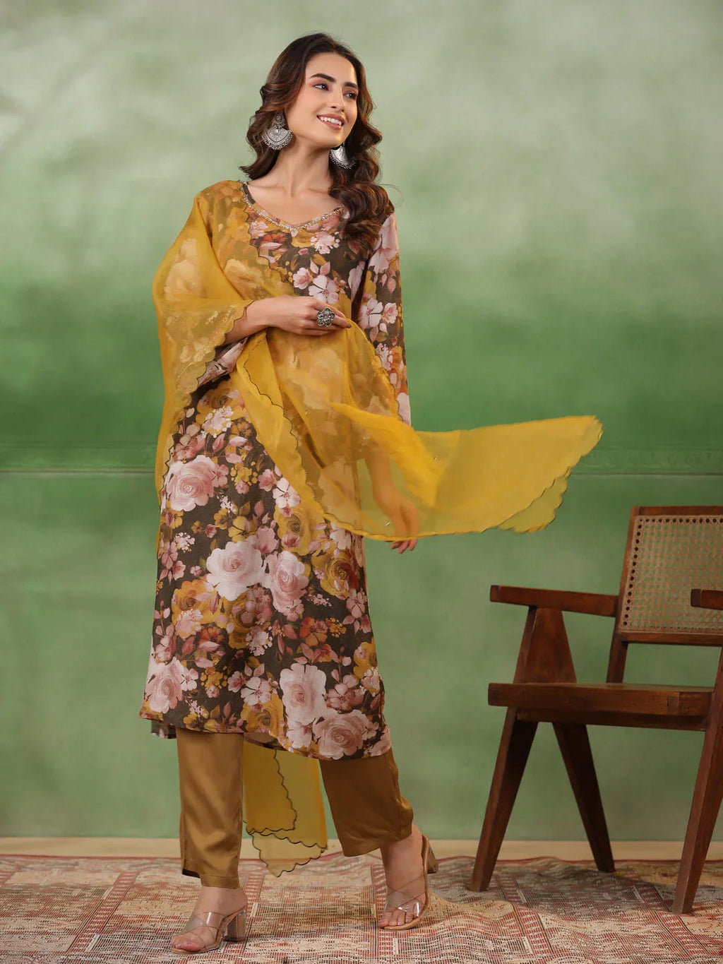 Olive V-Neck Silk Blend Kurta Set for Women - SanskrutiHomes 