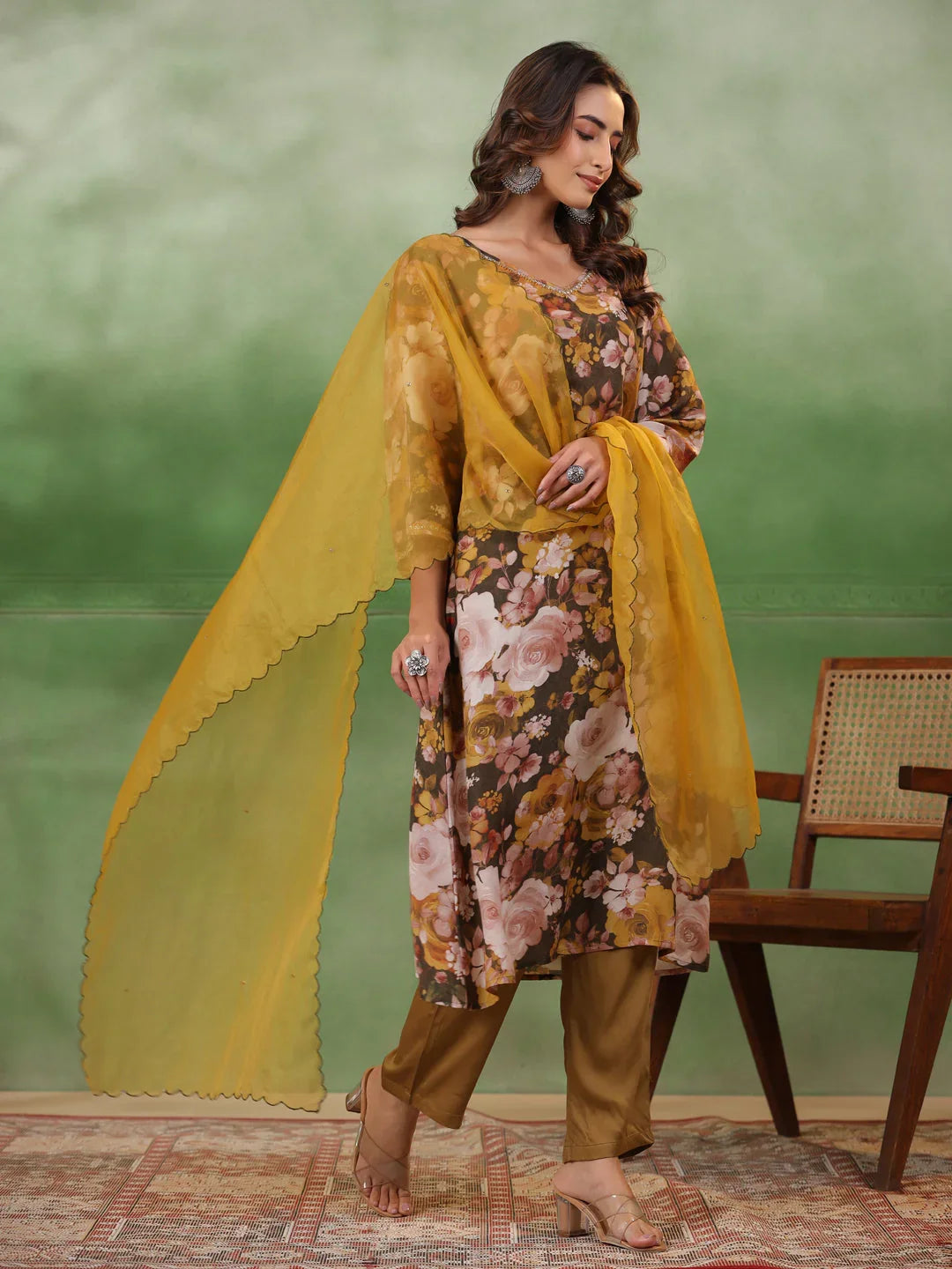 Olive V-Neck Silk Blend Kurta Set for Women - SanskrutiHomes 