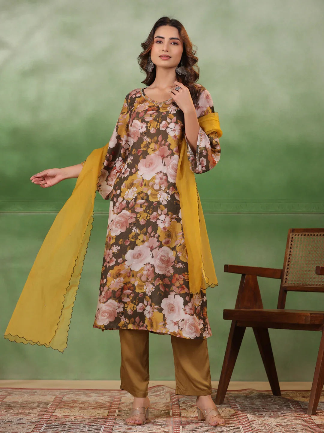 Olive V-Neck Silk Blend Kurta Set for Women - SanskrutiHomes 