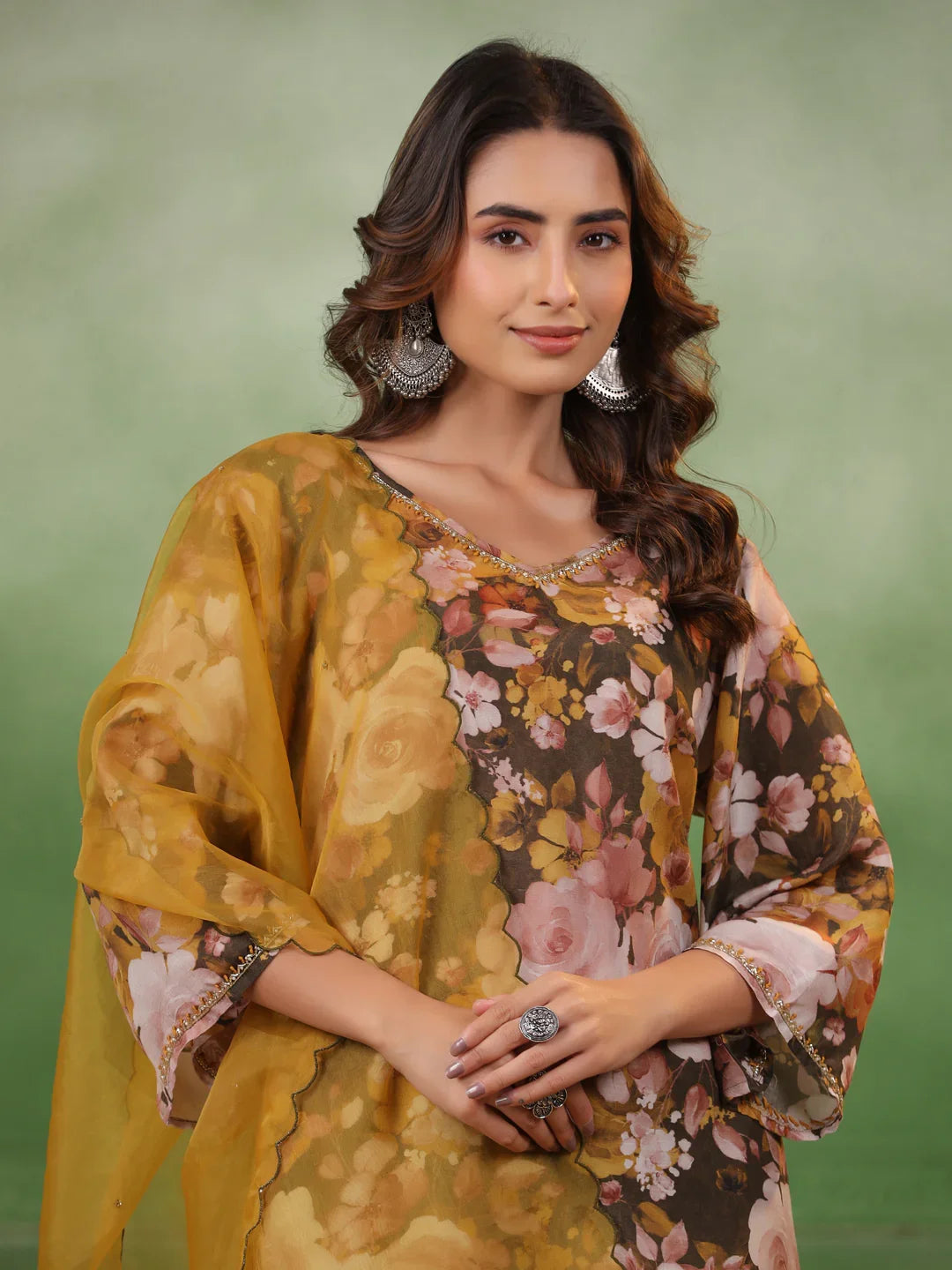 Olive V-Neck Silk Blend Kurta Set for Women - SanskrutiHomes 
