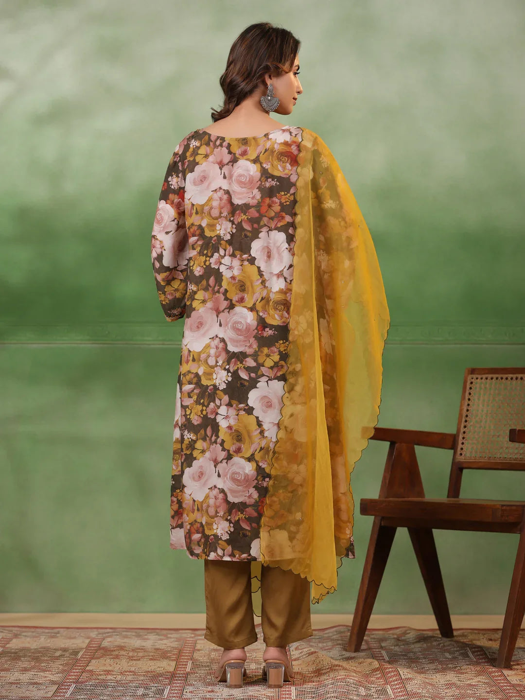 Olive V-Neck Silk Blend Kurta Set for Women - SanskrutiHomes 