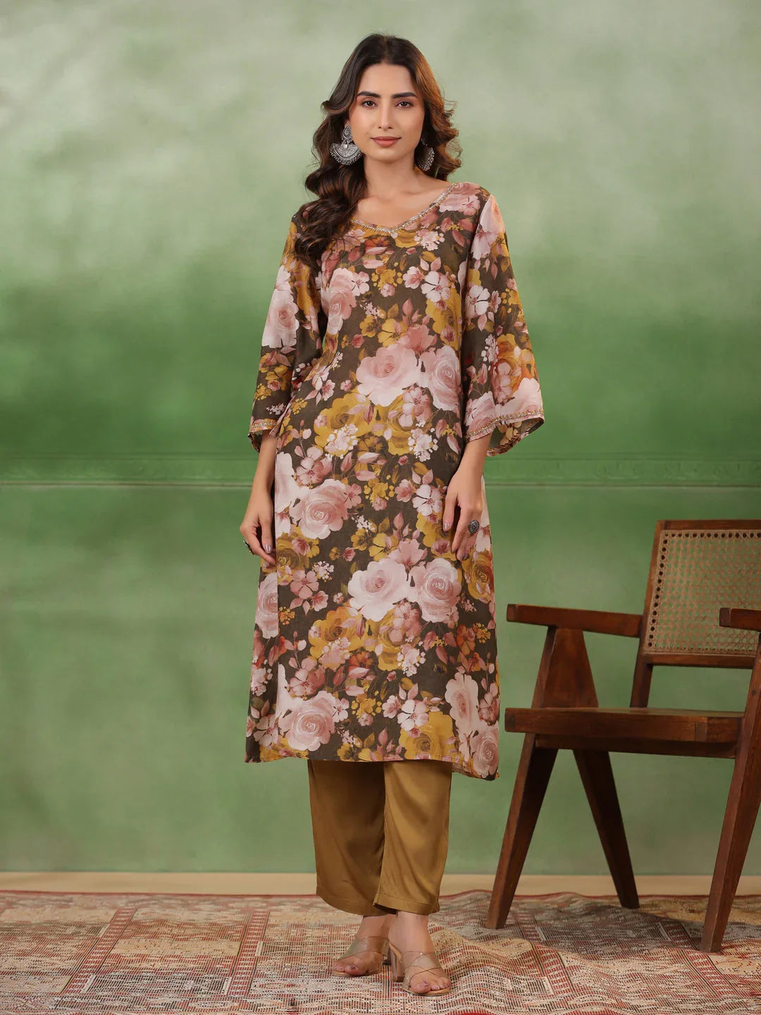 Olive V-Neck Silk Blend Kurta Set for Women - SanskrutiHomes 