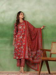 Maroon Cotton Round Neck Floral Printed Kurta Set for Women - SanskrutiHomes 