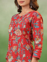 Maroon Cotton Round Neck Floral Printed Kurta Set for Women - SanskrutiHomes 
