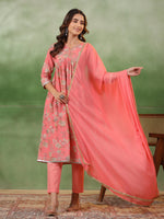 Peach V-Neck Pure Cotton Kurta Set with Dupatta for Women - SanskrutiHomes 