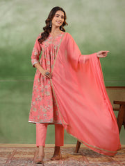 Peach V-Neck Pure Cotton Kurta Set with Dupatta for Women - SanskrutiHomes 