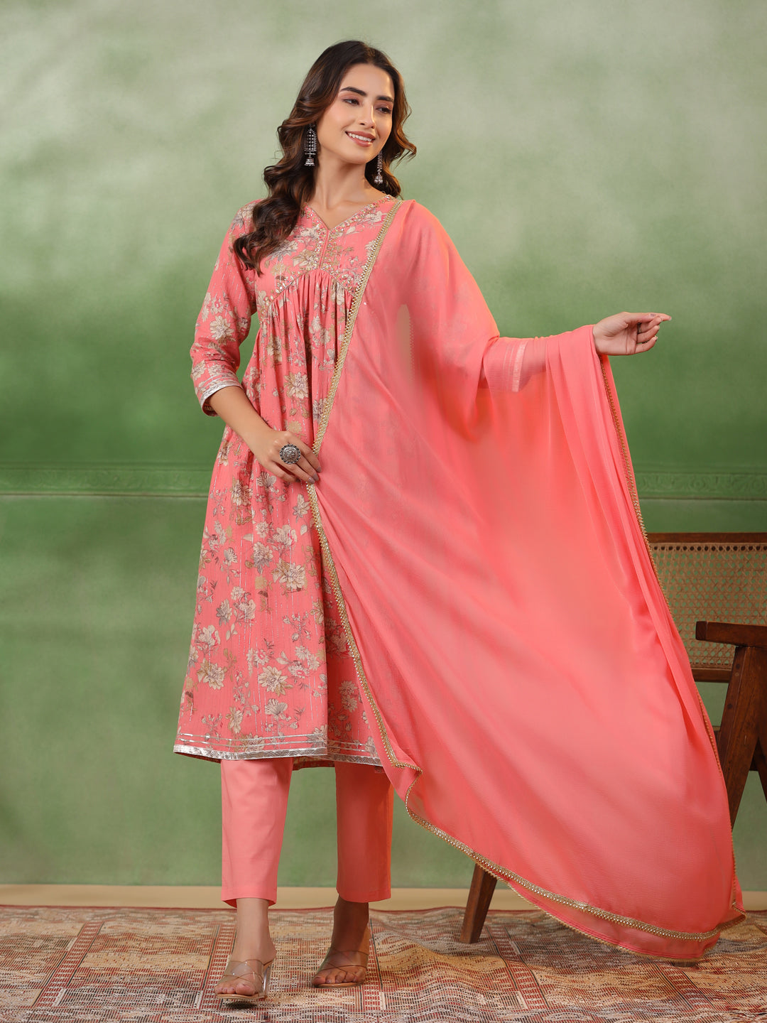 Peach V-Neck Pure Cotton Kurta Set with Dupatta for Women - SanskrutiHomes 