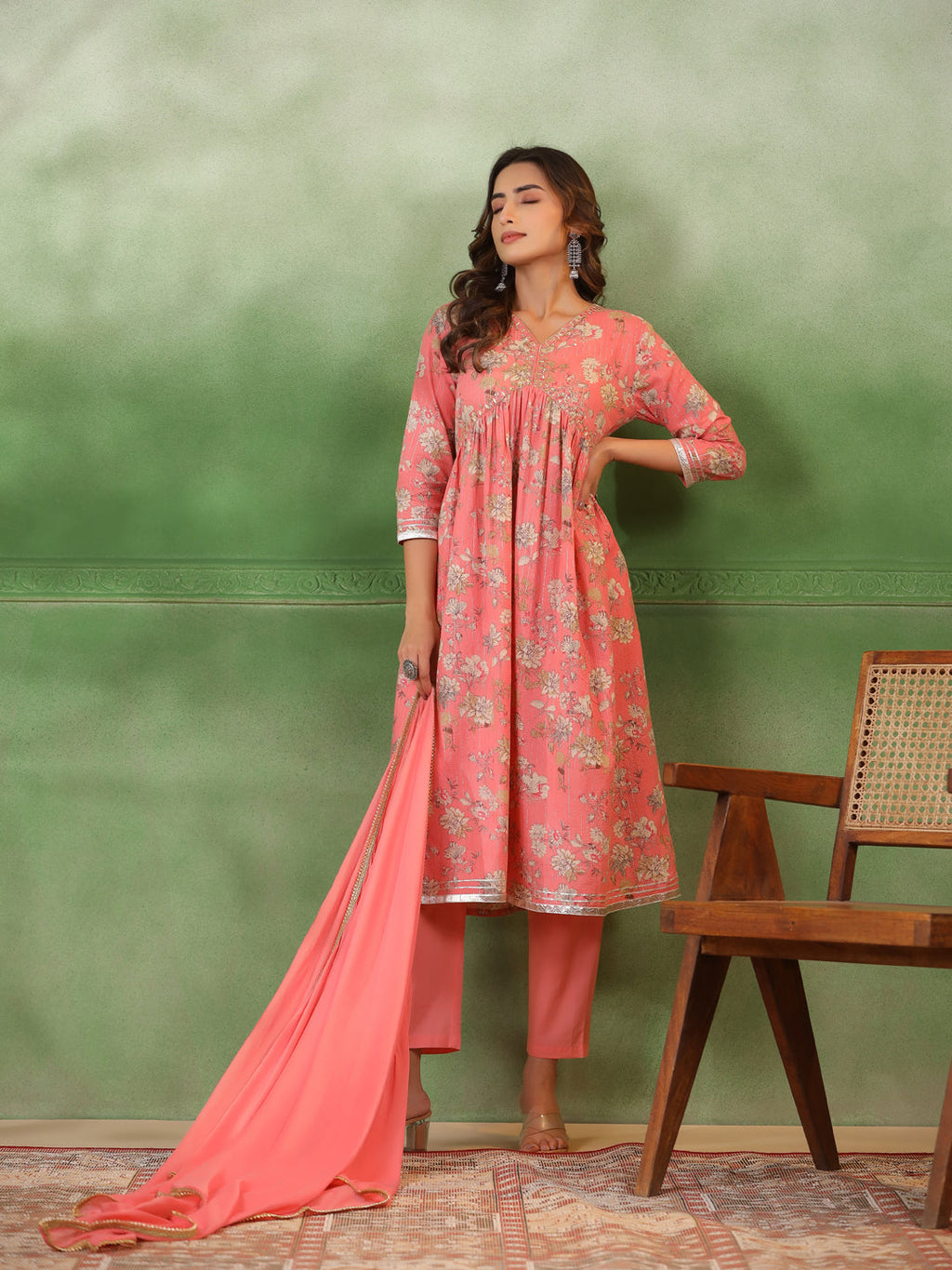 Peach V-Neck Pure Cotton Kurta Set with Dupatta for Women - SanskrutiHomes 