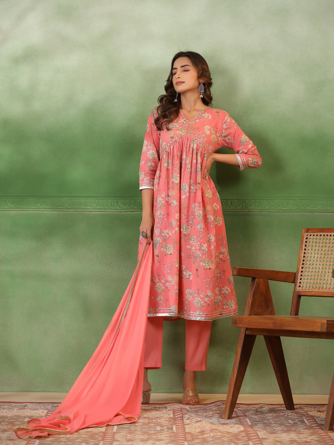 Peach V-Neck Pure Cotton Kurta Set with Dupatta for Women - SanskrutiHomes 