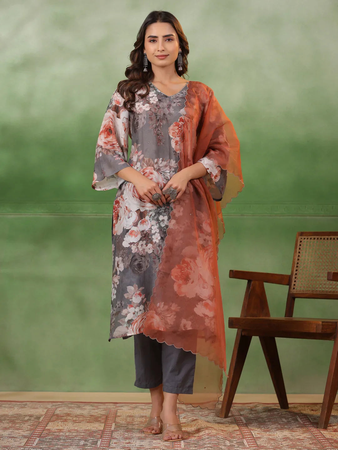 Floral Printed Cotton Kurta Set with Dupatta - SanskrutiHomes 