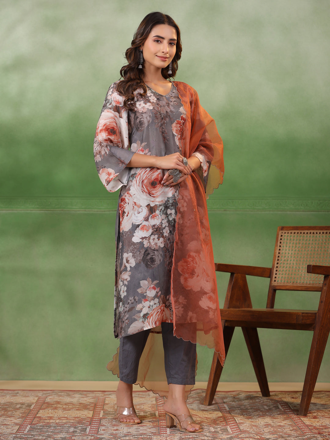 Floral Printed Cotton Kurta Set with Dupatta - SanskrutiHomes 