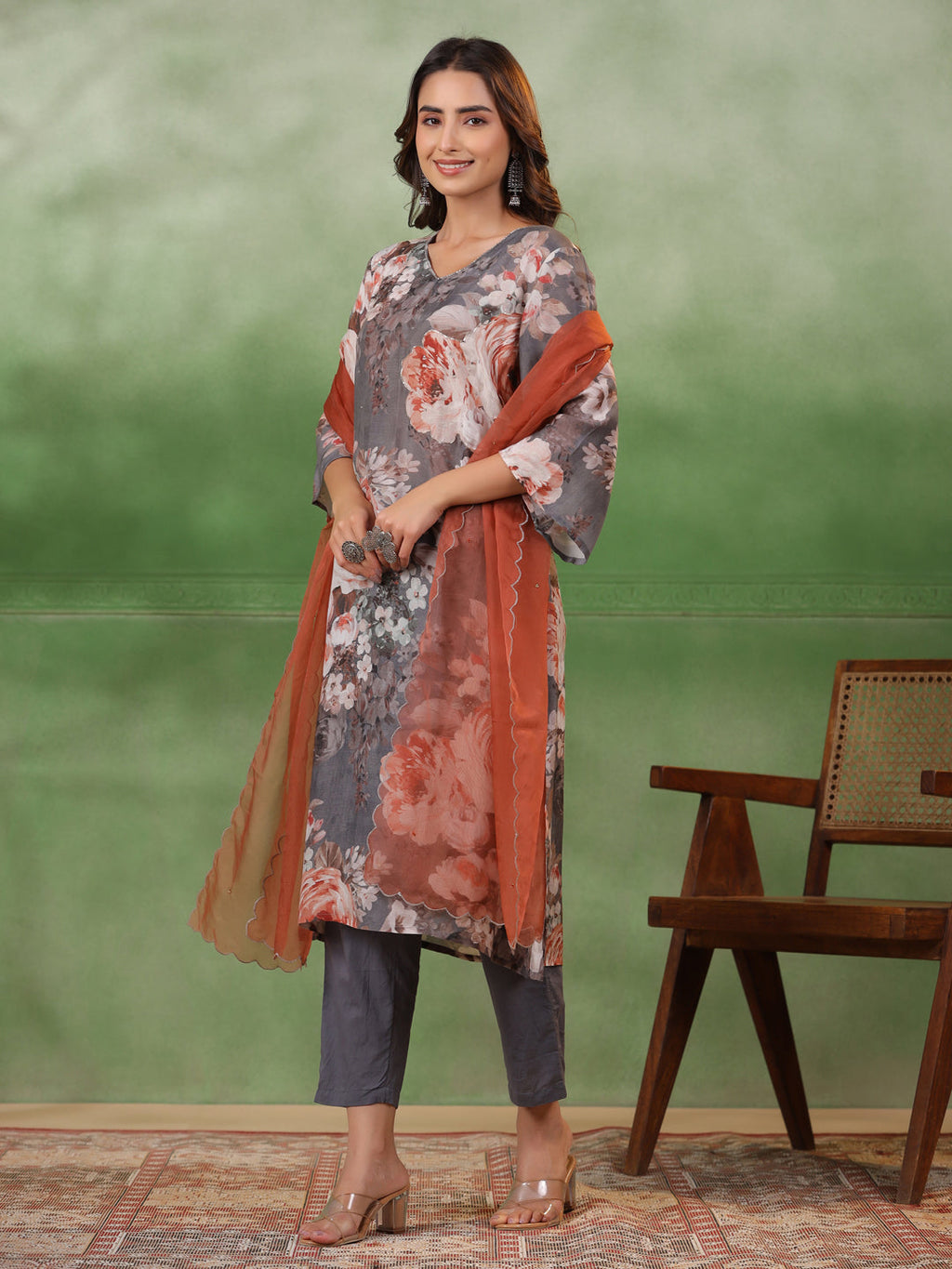 Floral Printed Cotton Kurta Set with Dupatta - SanskrutiHomes 