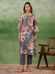 Grey Floral Print V-Neck A-Line Kurta Set For Women With Elegant Dupatta