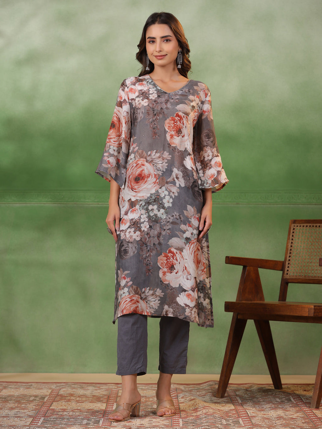 Floral Printed Cotton Kurta Set with Dupatta - SanskrutiHomes 