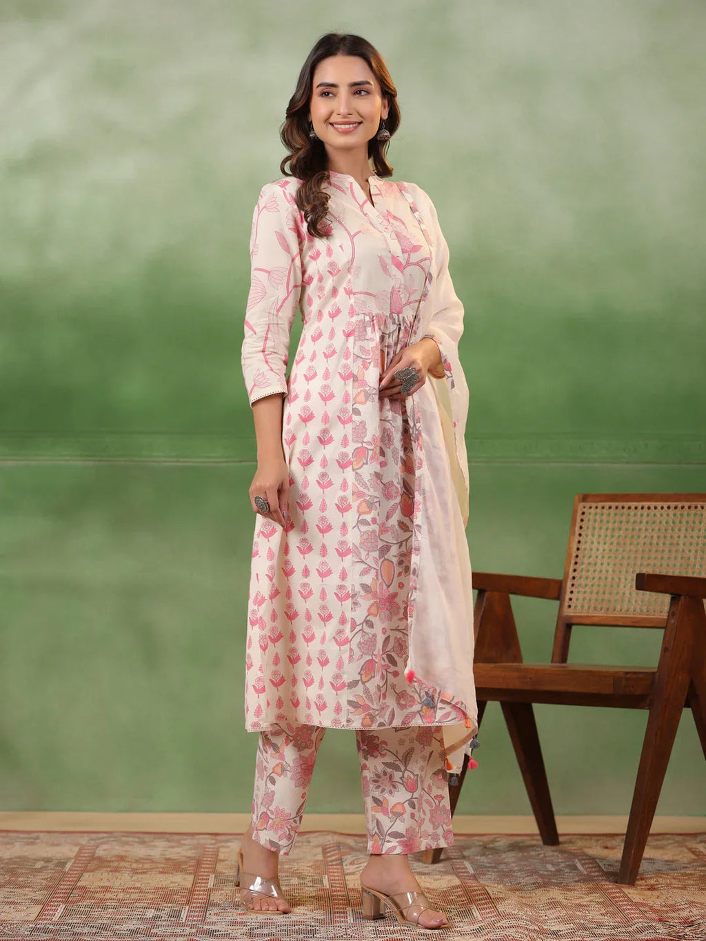 Pure Cotton Pleated A-Line Kurta With Trousers & Dupatta - SanskrutiHomes 
