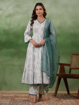 White Floral Printed V-Neck Cotton Kurta Set - SanskrutiHomes 
