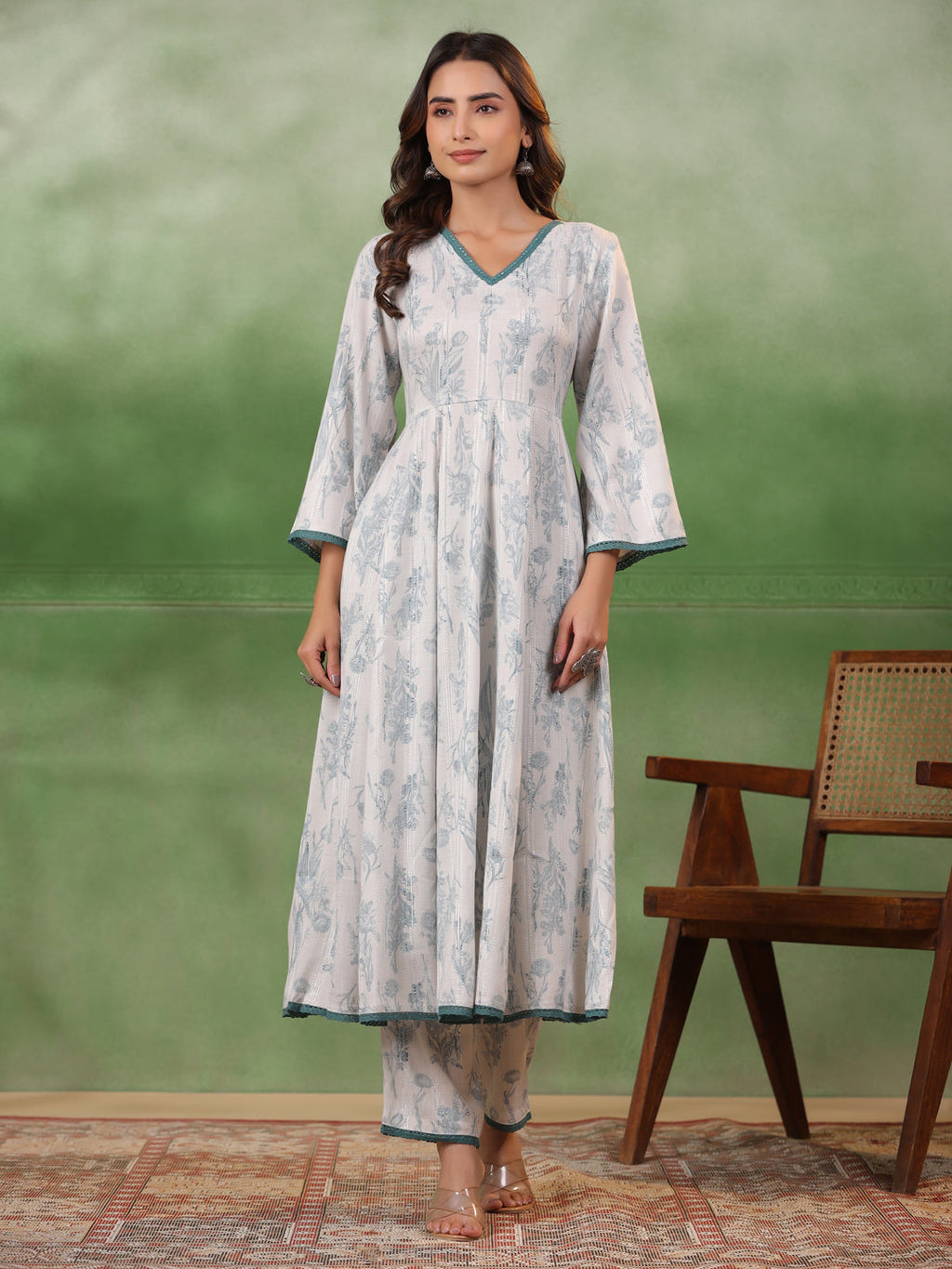 White Floral Printed V-Neck Cotton Kurta Set - SanskrutiHomes 