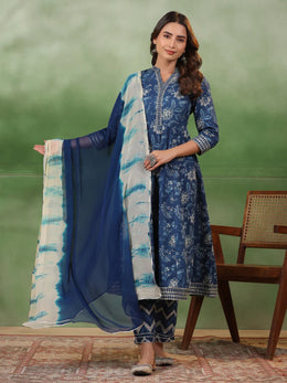 Blue Flower Printed Cotton kurta Suit Set - SanskrutiHomes 