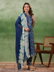 Blue Flower Printed Cotton kurta Suit Set - SanskrutiHomes 