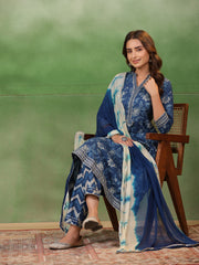 Blue Flower Printed Cotton kurta Suit Set - SanskrutiHomes 