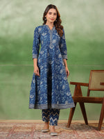 Blue Flower Printed Cotton kurta Suit Set - SanskrutiHomes 