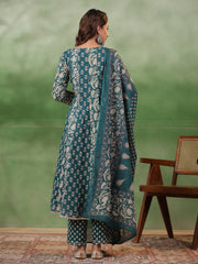 Women set of Pure Cotton 3 pcs Teal Colour Flared Printed Kurta Sets - SanskrutiHomes 