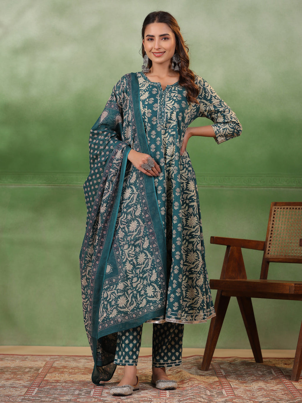 Women set of Pure Cotton 3 pcs Teal Colour Flared Printed Kurta Sets - SanskrutiHomes 