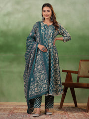 Women set of Pure Cotton 3 pcs Teal Colour Flared Printed Kurta Sets - SanskrutiHomes 