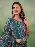 Women set of Pure Cotton 3 pcs Teal Colour Flared Printed Kurta Sets - SanskrutiHomes 