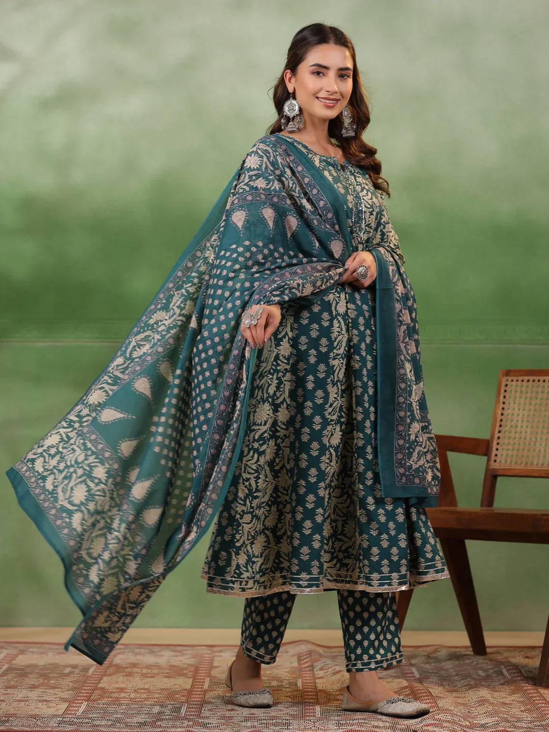 Women set of Pure Cotton 3 pcs Teal Colour Flared Printed Kurta Sets - SanskrutiHomes 