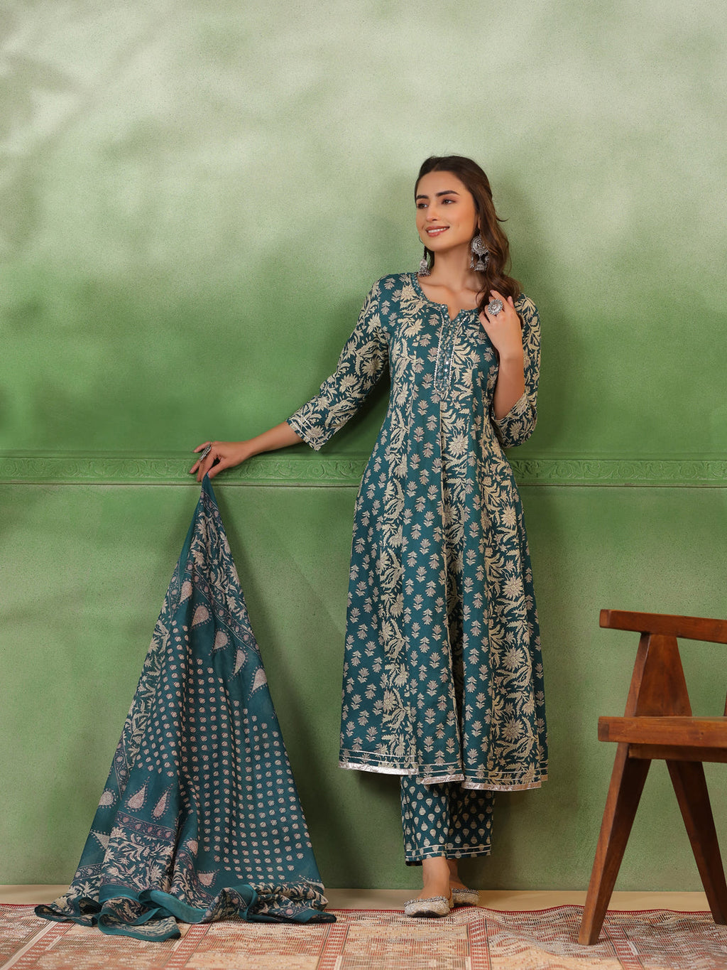Women set of Pure Cotton 3 pcs Teal Colour Flared Printed Kurta Sets - SanskrutiHomes 