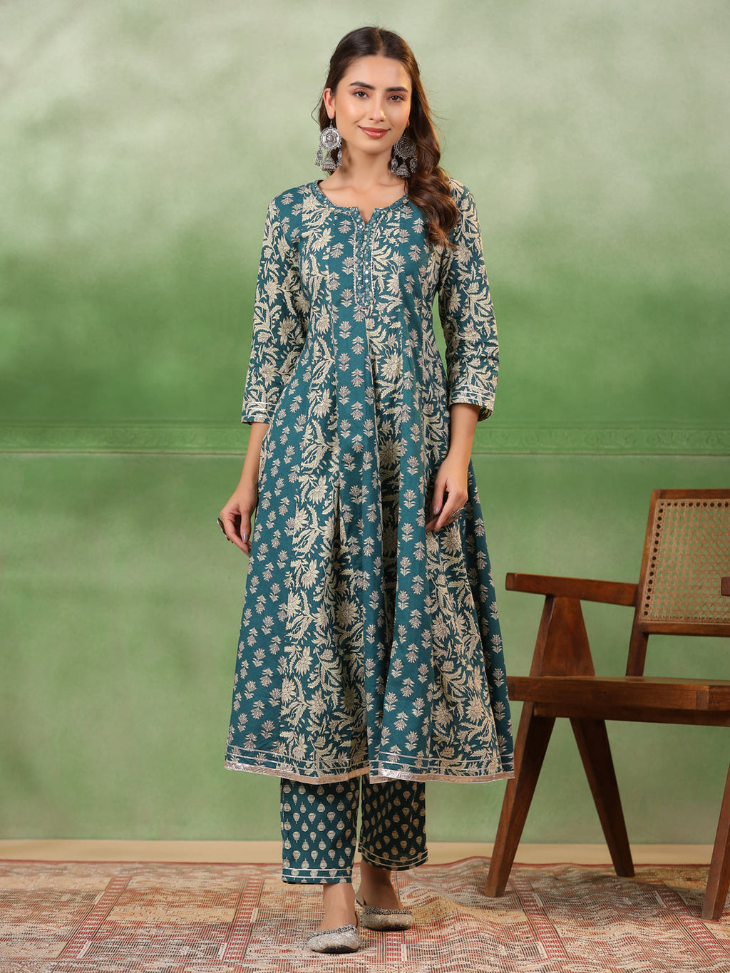 Women set of Pure Cotton 3 pcs Teal Colour Flared Printed Kurta Sets - SanskrutiHomes 