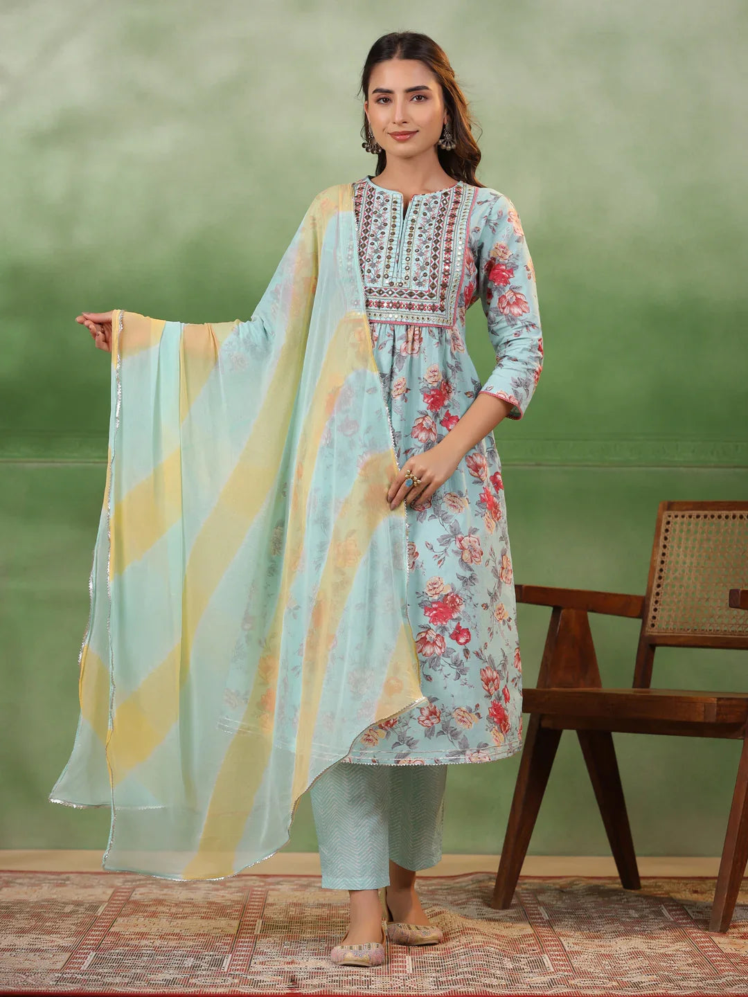 Blue Cotton Kurta Set with Dupatta - SanskrutiHomes 
